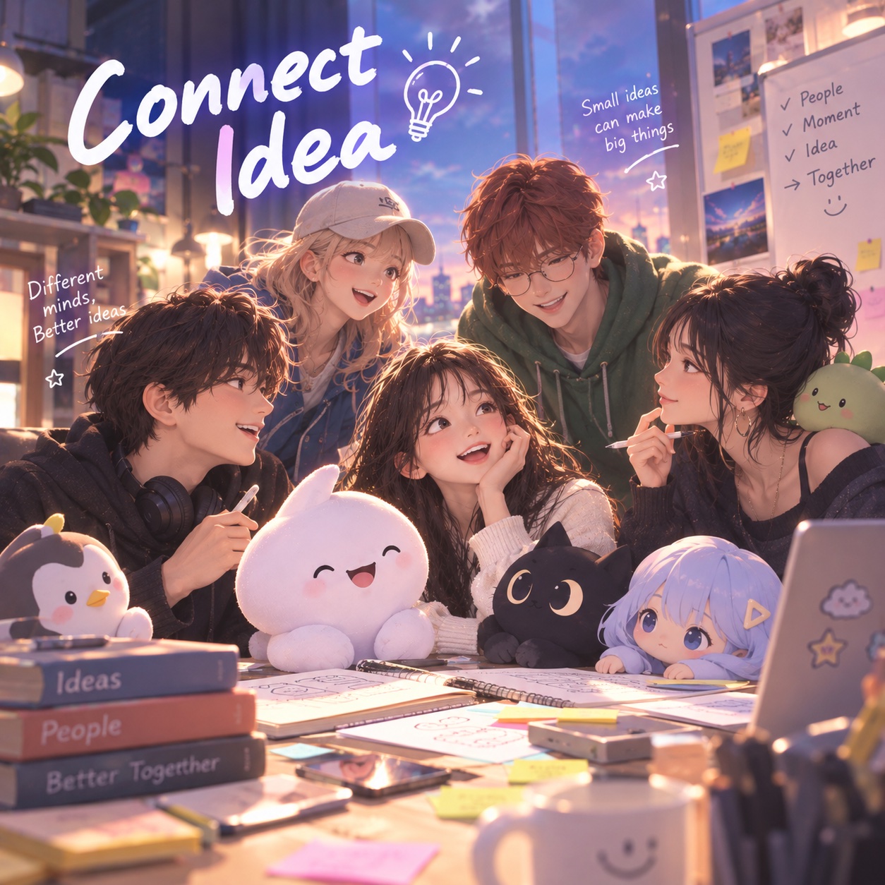 Connect Idea — 테이블에 모여 아이디어를 나누는 사람들