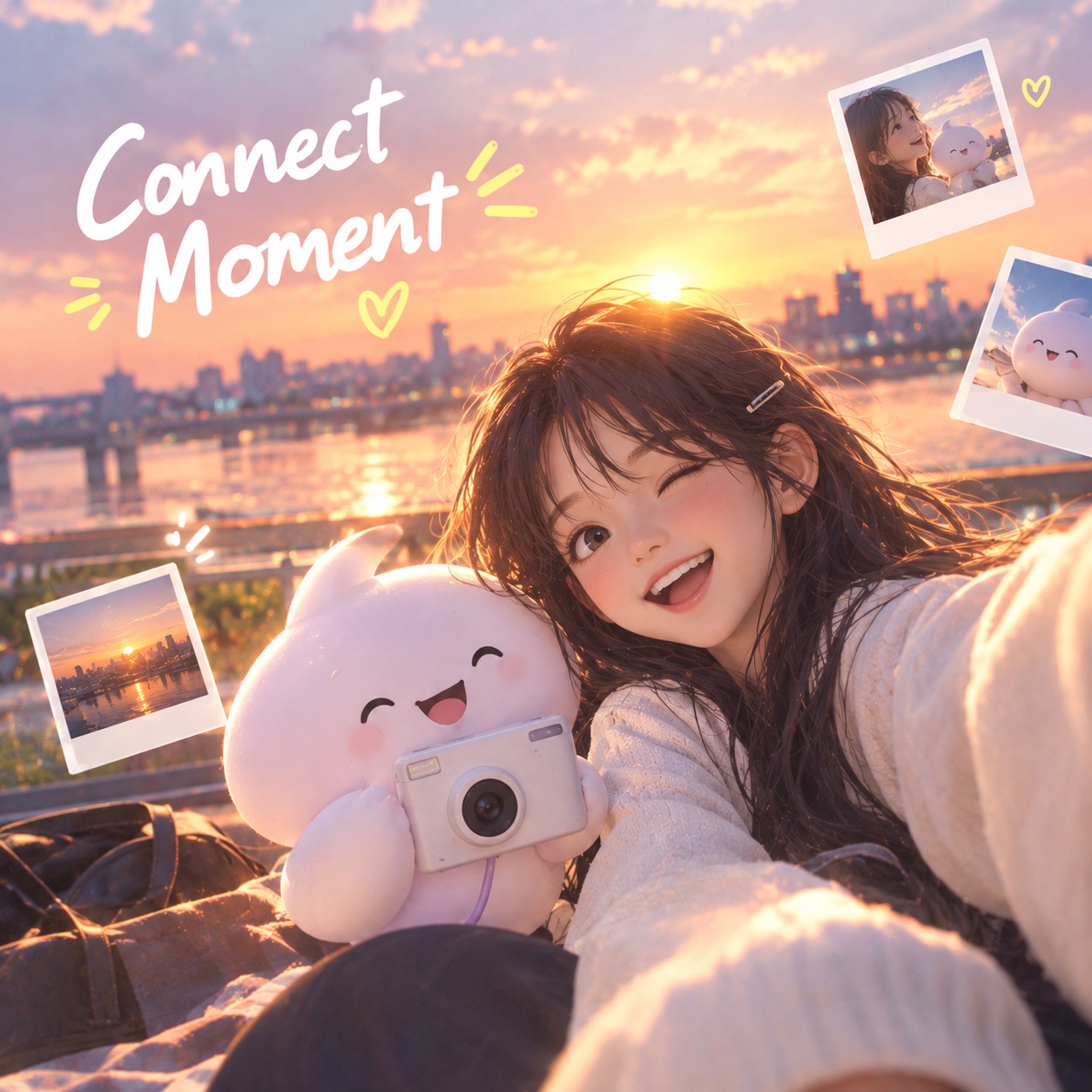 Connect Moment — 노을 진 강가에서 캐릭터와 셀카를 찍는 사람
