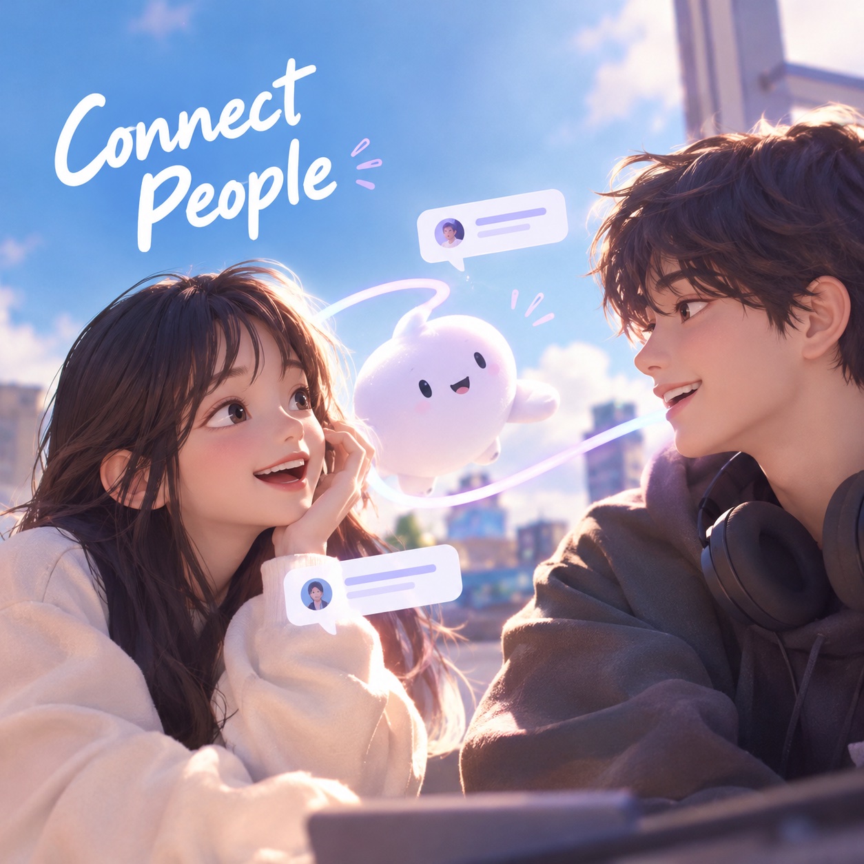 Connect People — 마주 보며 대화하는 두 사람과 그 사이를 잇는 캐릭터